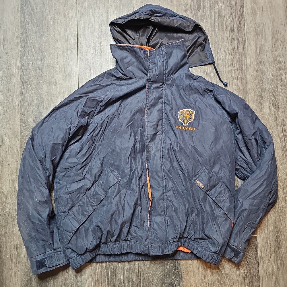 Vintage NFL Chicago Bears Hooded Jacket Blue Orange Head Logo Adult XXL